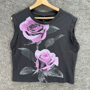 New Vinyl Icons Cropped Top Women XL Black Floral Sleeveless Crew Neck Cotton